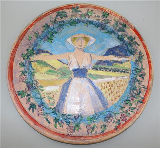 Quentin Bell for Fulham Pottery. A polychrome decorated terracotta dish, diameter 34.5cm